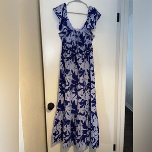 Nine West Blue and White Floral Maxi Dress with Ruffle Shoulders